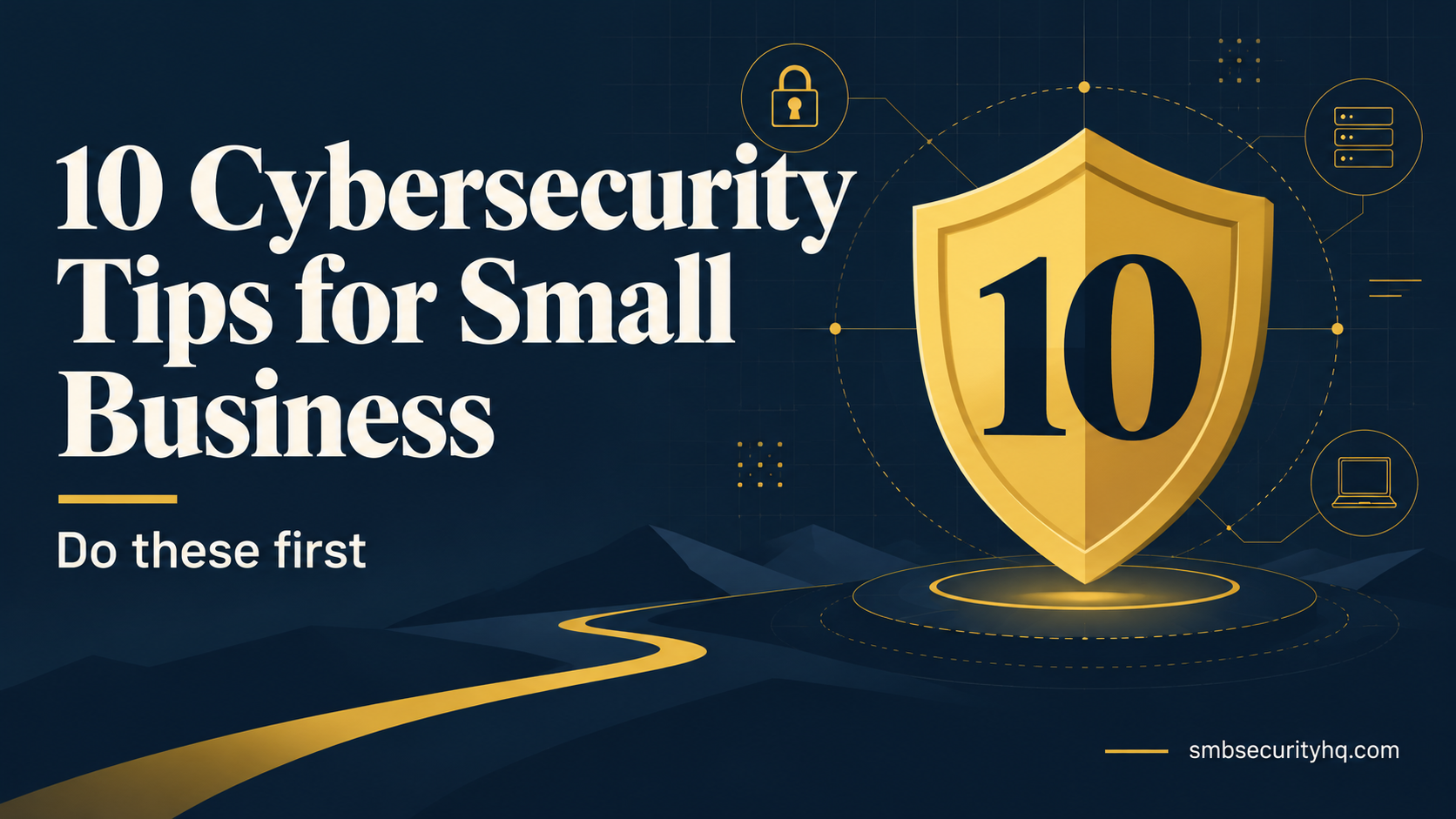 Cover graphic titled 10 cybersecurity tips for small business, with a gold shield and a numbered list on a navy background