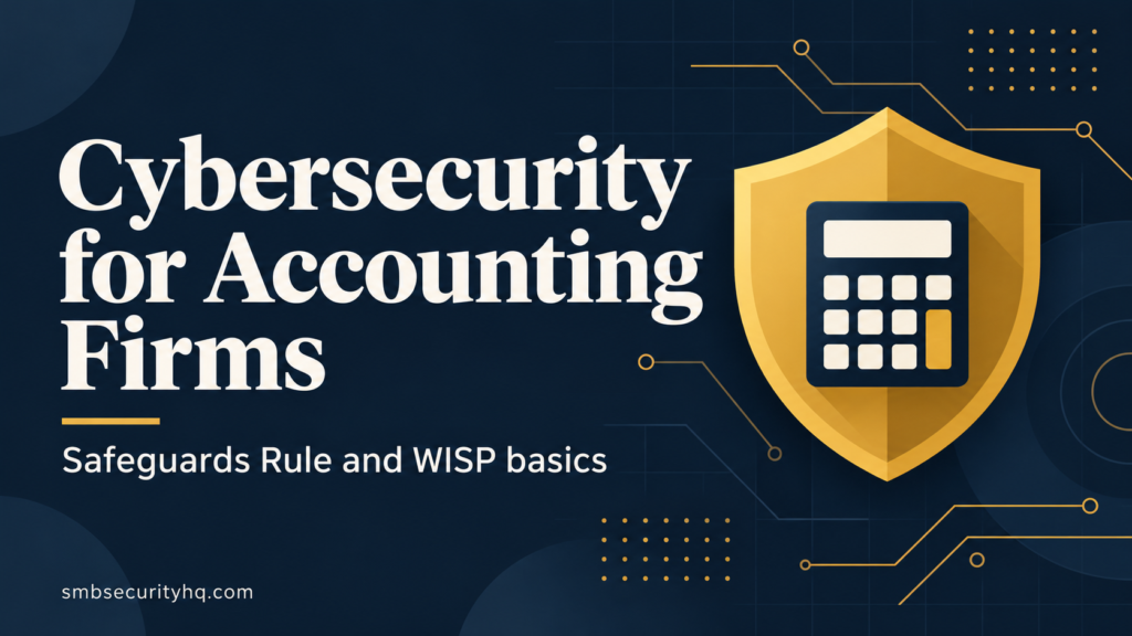 Cover graphic titled Cybersecurity for law firms: a small practice guide, with a gold shield and a scales of justice icon on a navy background