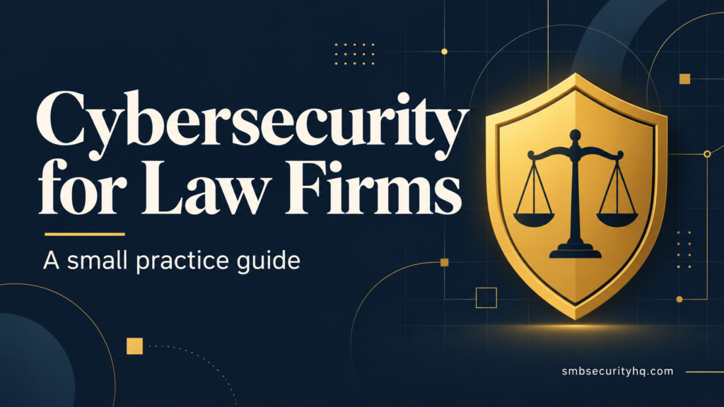 Cover graphic titled Cybersecurity for law firms: a small practice guide, with a gold shield and a scales of justice icon on a navy background