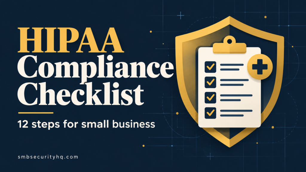 Cover graphic titled HIPAA compliance checklist for small business, with a gold shield and a ticked checklist on a navy background