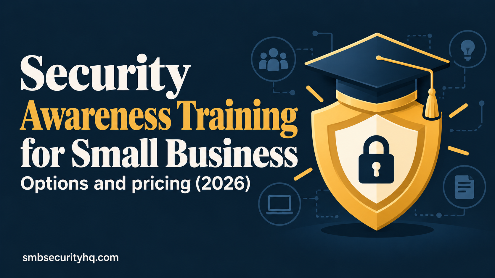 Cover graphic titled Security awareness training for small business: options and pricing, with a gold shield and a graduation cap on a navy background