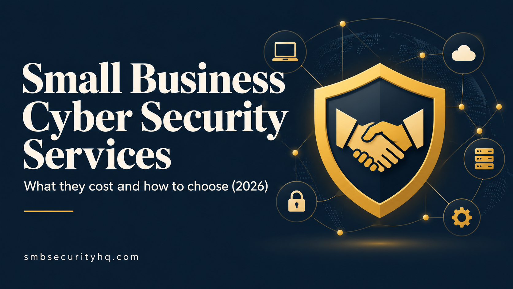 Cover graphic titled Small business cyber security services: what they cost and how to choose, with a gold shield and a handshake icon